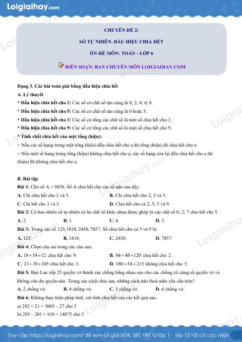 Dạng 3. Các bài toán giải bằng dấu hiệu chia hết Chủ đề 2 Ôn hè Toán 6